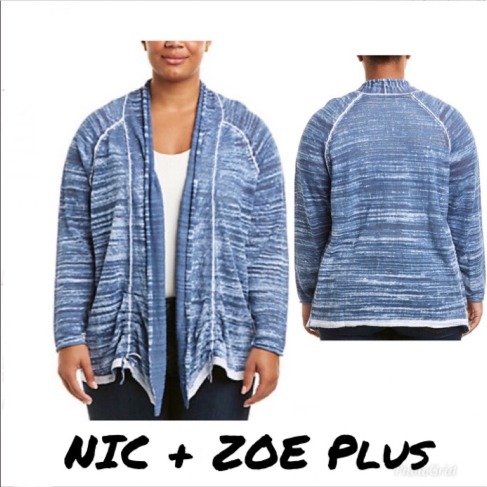 Nic+Zoe Plus Linen-Blend Blue and White Open Cardigan Size 2X